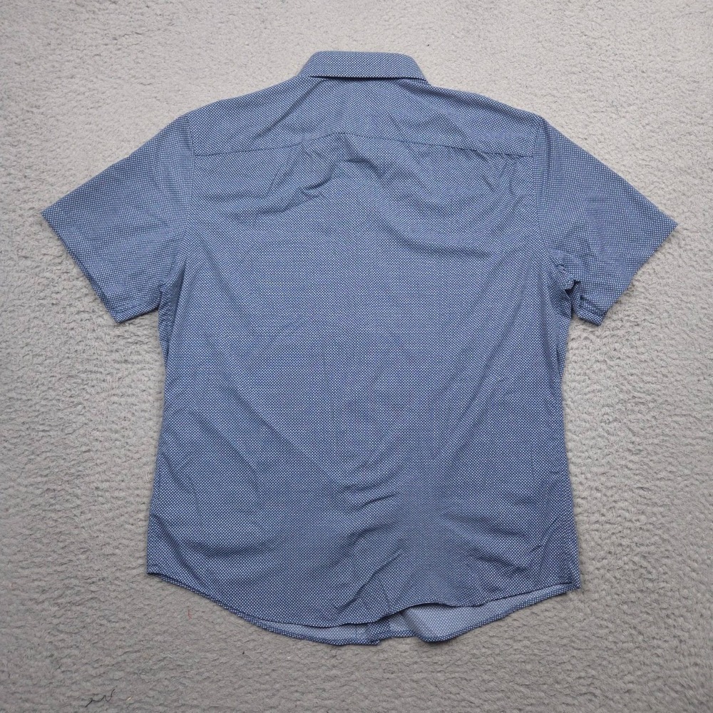 UNTUCKit Benham Men's Medium Slim Fit Blue Micro Dot Stretch Short Sleeve Shirt - Picture 2 of 12